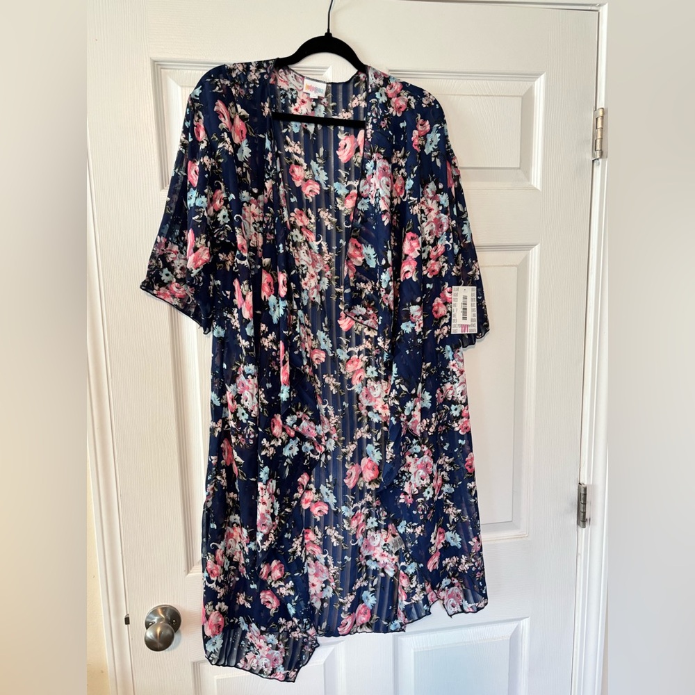 LuLaRoe Navy Floral Sheer Kimono with Pink and Light Blue Flowers